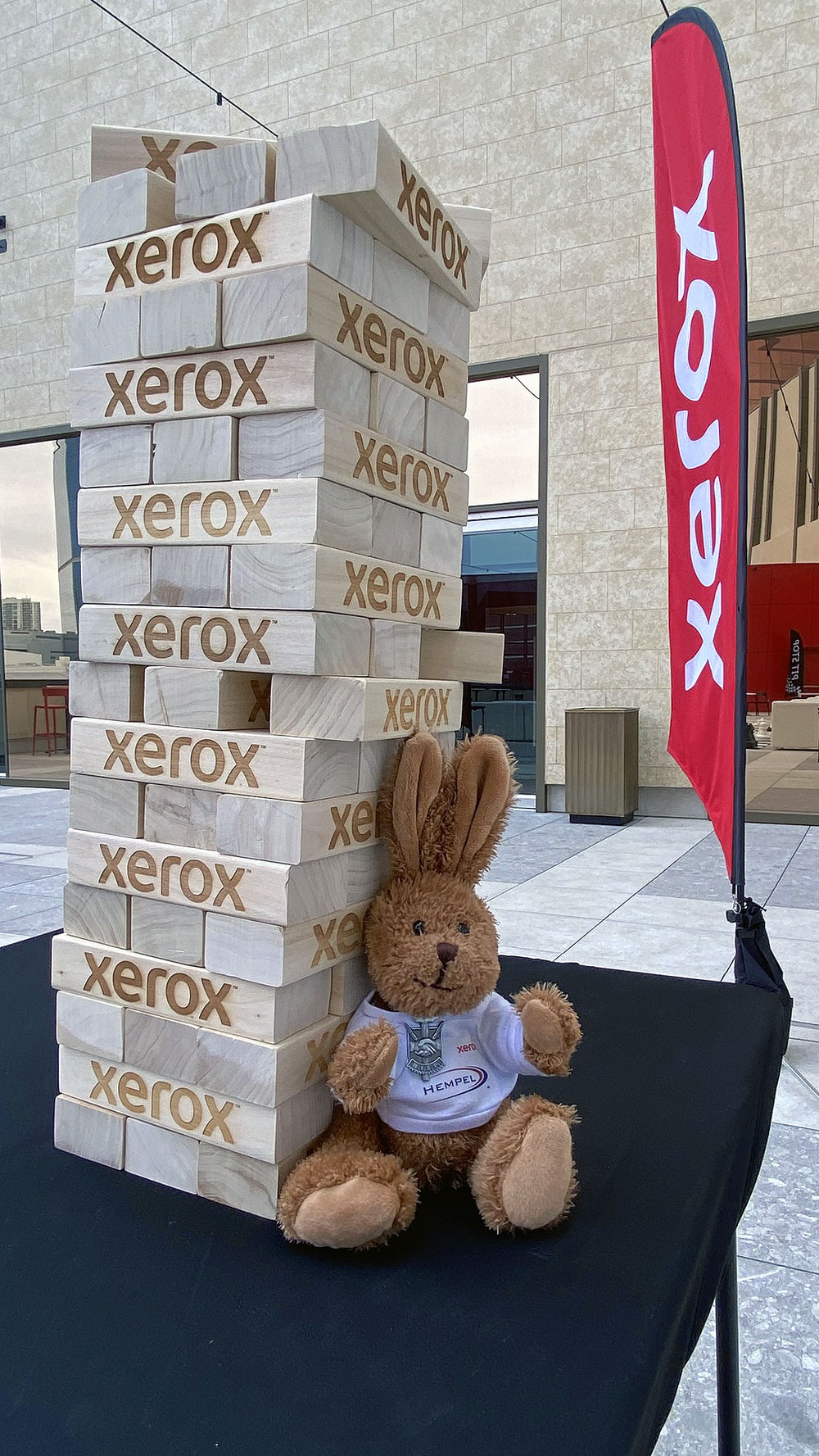 Das Maskottchen Hasi sitzt vor Xerox Bausteinen Das Maskottchen Hasi sitzt vor Xerox Bausteinen